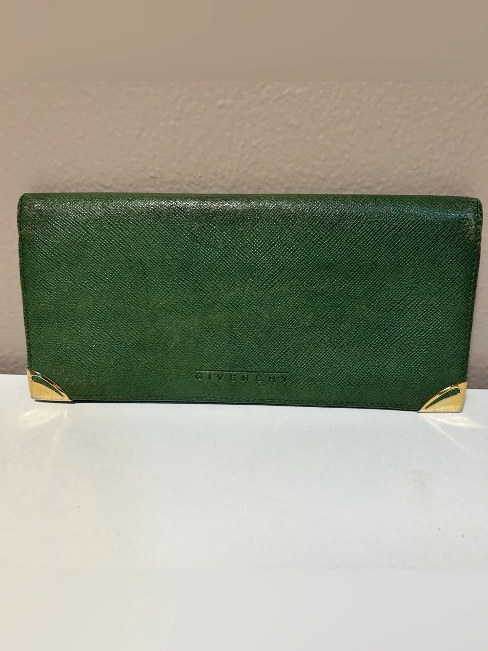 Givenchy Dark Green Leather bifold Wallet Gold Corners